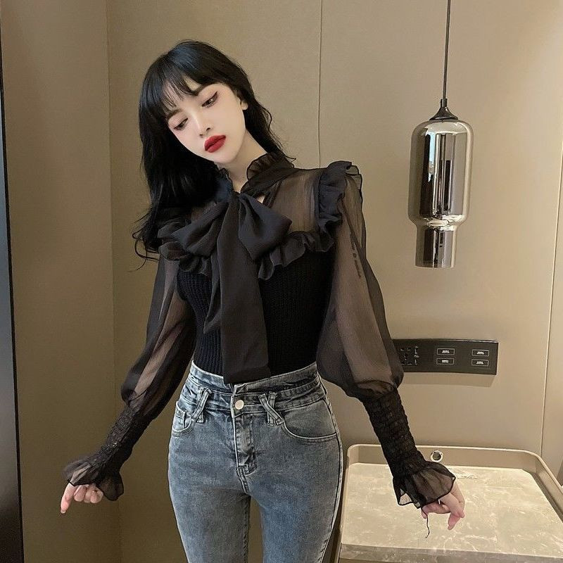 Ženske patchwork bluze Elegantne seksi modne dugih rukava s volanima Uske proljetne šifonske vintage nove prikladne ležerne retro korejske