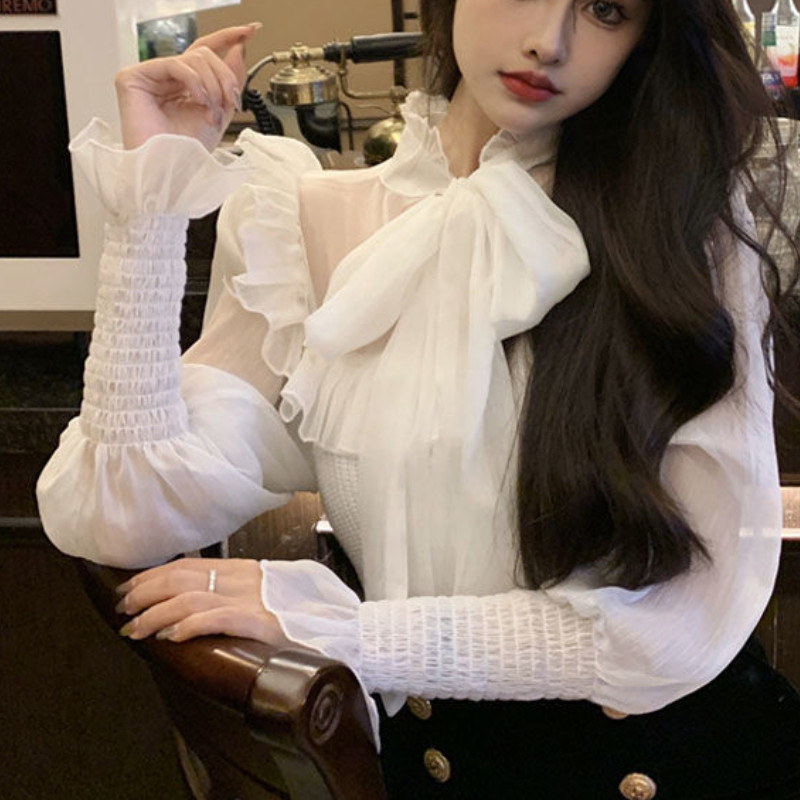 Ženske patchwork bluze Elegantne seksi modne dugih rukava s volanima Uske proljetne šifonske vintage nove prikladne ležerne retro korejske