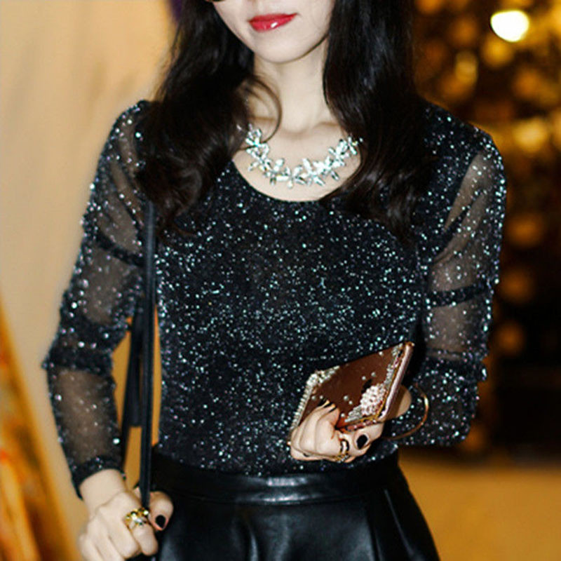 Proljetno ljeto Ženska seksi prozirna mrežasta bluza dugih rukava Prozirna sjajna elegantna košulja Modne ženske majice DF2417