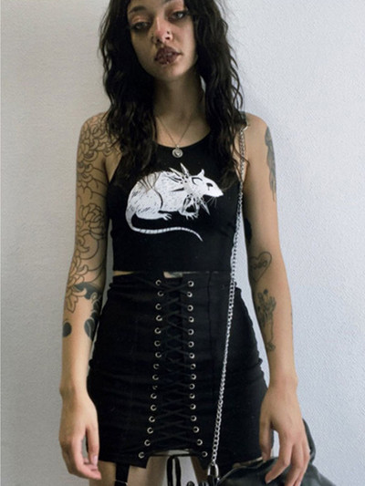 Dámske sexy priliehavé skrátené topy s potlačou myši, gotický štýl, streetwear, Harajuku, pletené základné tielko