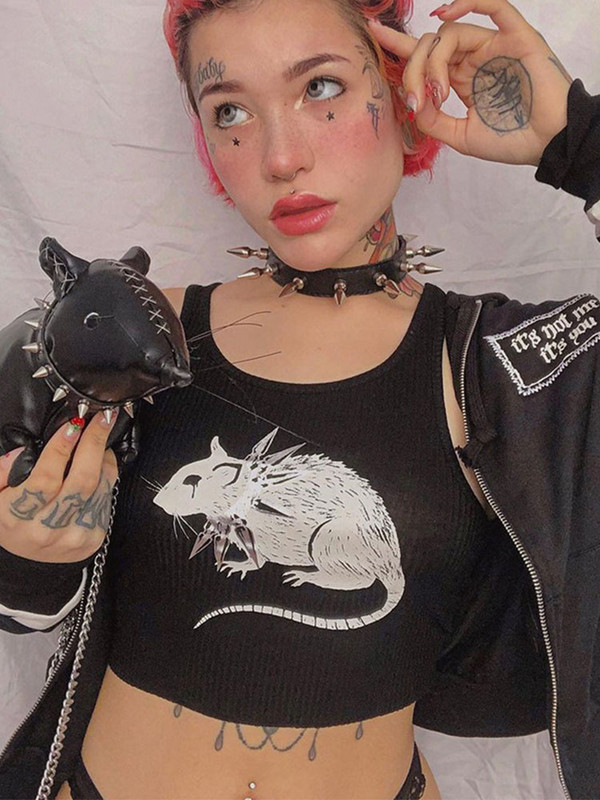Dámske sexy priliehavé skrátené topy s potlačou myši, gotický štýl, streetwear, Harajuku, pletené základné tielko