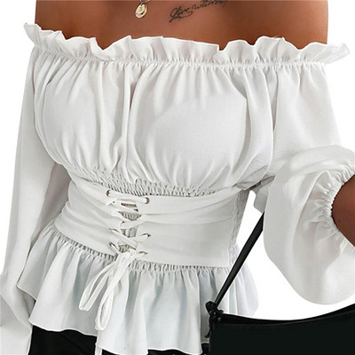 Topuri sexy pentru femei, la modă, cu volan, tricouri pentru femei, culoare solidă, bluză de vară cu mâneci lungi, pentru femei