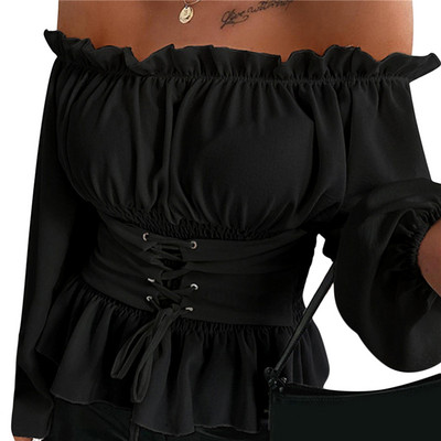 Topuri sexy pentru femei, la modă, cu volan, tricouri pentru femei, culoare solidă, bluză de vară cu mâneci lungi, pentru femei