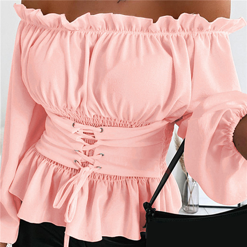 Seksi ženske majice, modne ženske majice s volanima s otvorenim ramenima, jednobojne ljetne bluze dugih rukava za žene
