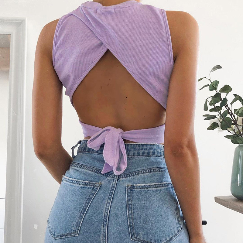 Maieu sexy pentru femei, fără spate, bandaj, crop top subțire, vara 2021, top casual streetwear, din bumbac solid, moale, încrucișat