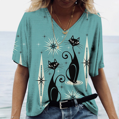 Ženska majica kratkih rukava Odjeća s uzorkom mačaka V-izrez kratkih rukava Prevelika ulična odjeća Dnevna ležerna osnovna majica Majica