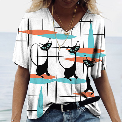 Ženska majica kratkih rukava Odjeća s uzorkom mačaka V-izrez kratkih rukava Prevelika ulična odjeća Dnevna ležerna osnovna majica Majica