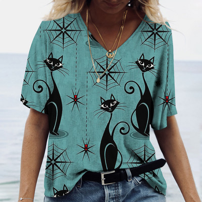Ženska majica kratkih rukava Odjeća s uzorkom mačaka V-izrez kratkih rukava Prevelika ulična odjeća Dnevna ležerna osnovna majica Majica