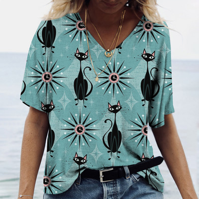 Ženska majica kratkih rukava Odjeća s uzorkom mačaka V-izrez kratkih rukava Prevelika ulična odjeća Dnevna ležerna osnovna majica Majica
