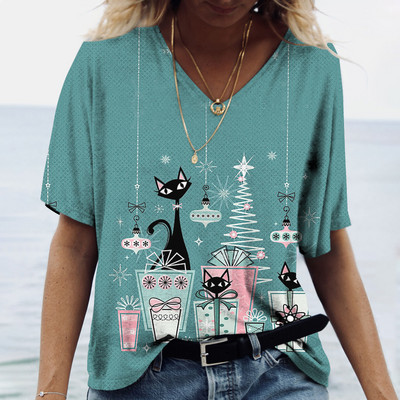 Ženska majica kratkih rukava Odjeća s uzorkom mačaka V-izrez kratkih rukava Prevelika ulična odjeća Dnevna ležerna osnovna majica Majica