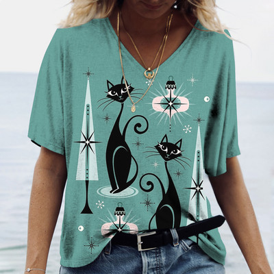 Ženska majica kratkih rukava Odjeća s uzorkom mačaka V-izrez kratkih rukava Prevelika ulična odjeća Dnevna ležerna osnovna majica Majica
