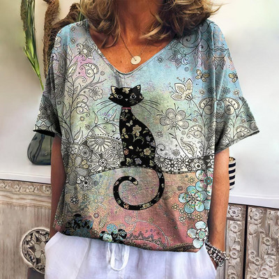 Ženska majica kratkih rukava Odjeća s uzorkom mačaka V-izrez kratkih rukava Prevelika ulična odjeća Dnevna ležerna osnovna majica Majica