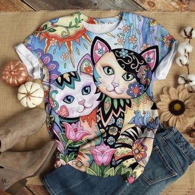 Тениска с 3d принт на сова Дамски модни големи тениски Тениски с котки Ежедневни горнища с къс ръкав Тениски с животни Куче Тениска Kawaii Camisetas