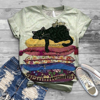 Тениска с 3d принт на сова Дамски модни големи тениски Тениски с котки Ежедневни горнища с къс ръкав Тениски с животни Куче Тениска Kawaii Camisetas