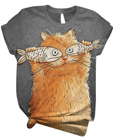 Тениска с 3d принт на сова Дамски модни големи тениски Тениски с котки Ежедневни горнища с къс ръкав Тениски с животни Куче Тениска Kawaii Camisetas