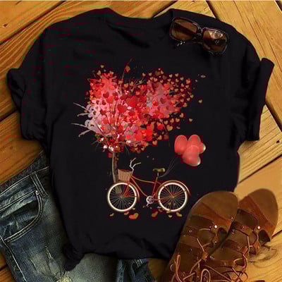 Uus mood naiste must T-särk Punase roosiga nooditrükiga T-särk Harajuku armas graafiline t-särk Naiste naiste vabaaja topid