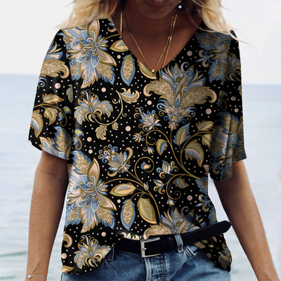 Vintage Ženske majice Ljetna odjeća 3d majice s V izrezom Prevelike majice Majice za djevojčice Široka ulična etnička odjeća 2023.