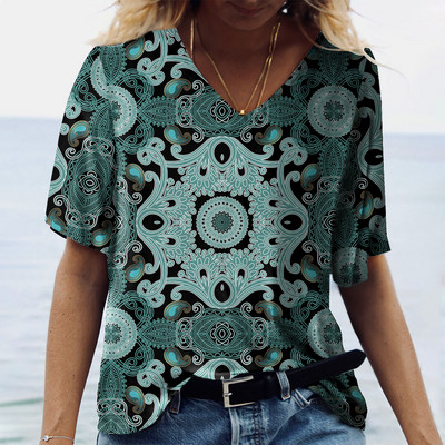 Vintage Ženske majice Ljetna odjeća 3d majice s V izrezom Prevelike majice Majice za djevojčice Široka ulična etnička odjeća 2023.