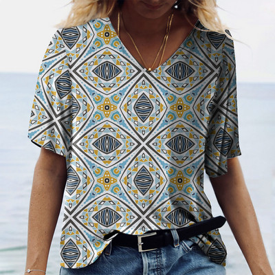 Vintage Ženske majice Ljetna odjeća 3d majice s V izrezom Prevelike majice Majice za djevojčice Široka ulična etnička odjeća 2023.