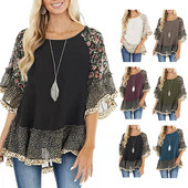 Vintage lilleline šifoonsärk Naiste suvine O kaelusega lõdva pullover, vabaaja poolvarrukatega naiste pluussärk