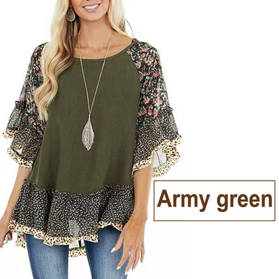 Vintage lilleline šifoonsärk Naiste suvine O kaelusega lõdva pullover, vabaaja poolvarrukatega naiste pluussärk