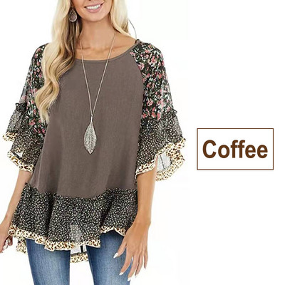 Vintage lilleline šifoonsärk Naiste suvine O kaelusega lõdva pullover, vabaaja poolvarrukatega naiste pluussärk