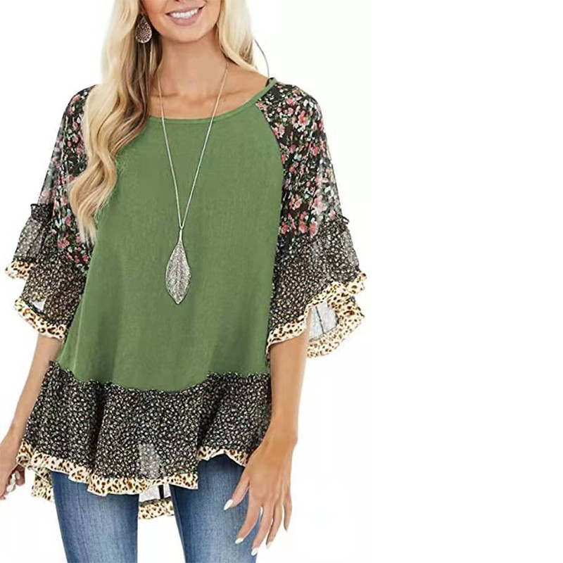 Vintage lilleline šifoonsärk Naiste suvine O kaelusega lõdva pullover, vabaaja poolvarrukatega naiste pluussärk