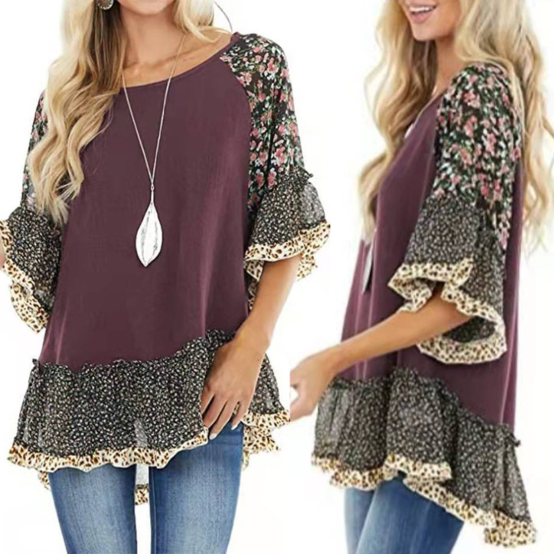 Vintage lilleline šifoonsärk Naiste suvine O kaelusega lõdva pullover, vabaaja poolvarrukatega naiste pluussärk