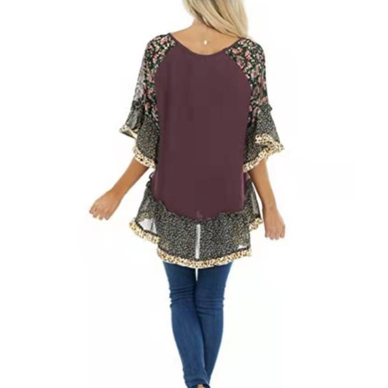 Vintage lilleline šifoonsärk Naiste suvine O kaelusega lõdva pullover, vabaaja poolvarrukatega naiste pluussärk