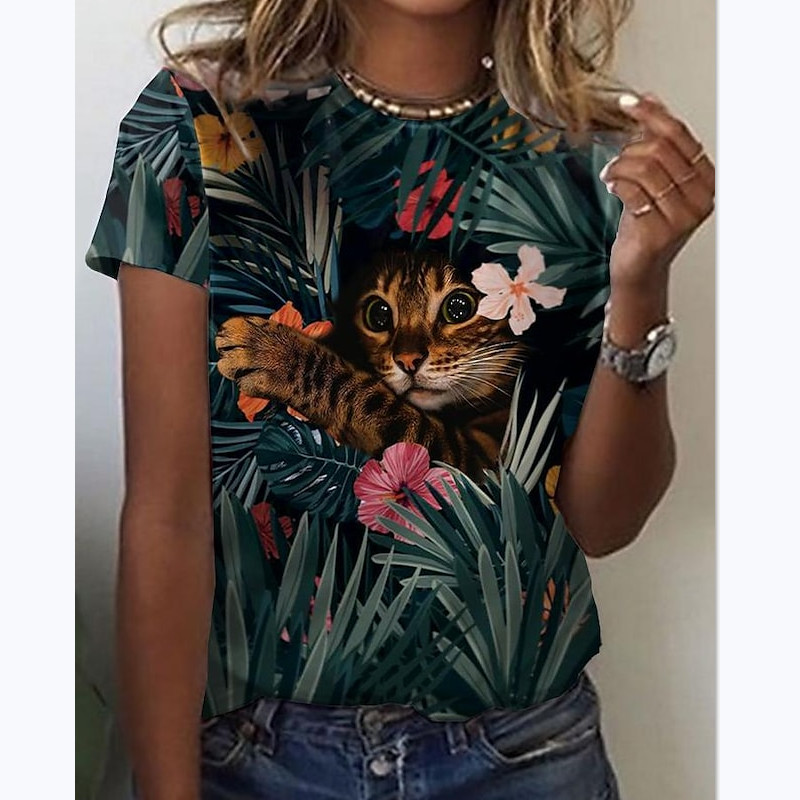 Marškinėliai trumpomis rankovėmis, 3D spausdinimas, moteriška miško katė, patogūs drabužiai su apvalia kakle, vintažinis įdomus megztinis, 2022 moterys
