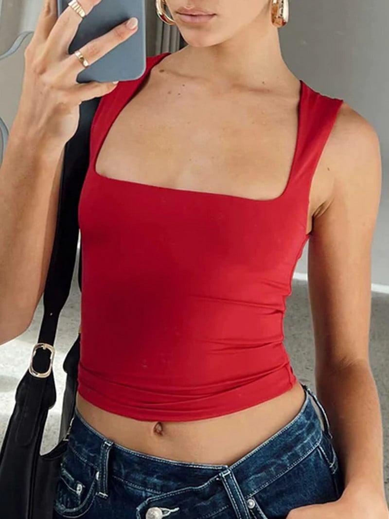 wsevypo Ženske ležerne majice s remenima, jednobojne majice s prslukom za ljeto 2023., jednobojne majice bez rukava s četvrtastim izrezom, skraćene majice bez rukava Street Base Majice