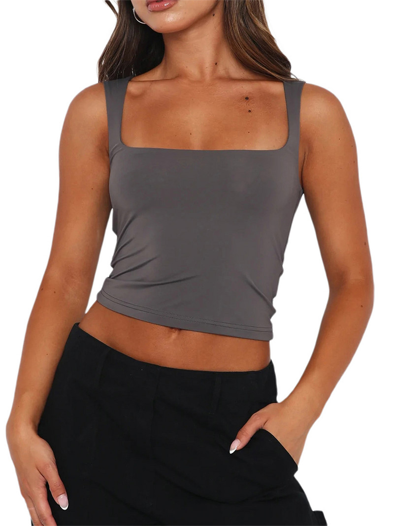 wsevypo Ženske ležerne majice s remenima, jednobojne majice s prslukom za ljeto 2023., jednobojne majice bez rukava s četvrtastim izrezom, skraćene majice bez rukava Street Base Majice