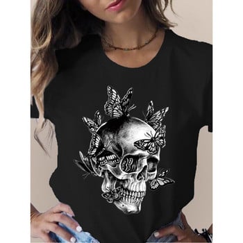 Skull Head Butterfly Flower Print Γυναικείο μπλουζάκι Κοντό μανίκι O λαιμό Φαρδύ γυναικείο μπλουζάκι Γυναικείο μπλουζάκι μπλουζάκι Camisetas Muje