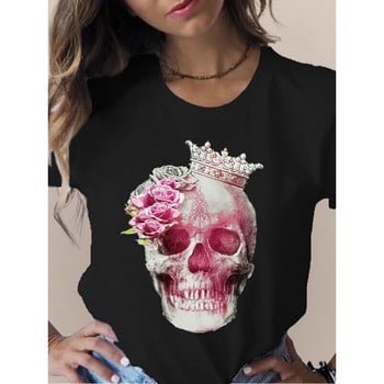 Skull Head Butterfly Flower Print Γυναικείο μπλουζάκι Κοντό μανίκι O λαιμό Φαρδύ γυναικείο μπλουζάκι Γυναικείο μπλουζάκι μπλουζάκι Camisetas Muje