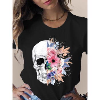 Skull Head Butterfly Flower Print Γυναικείο μπλουζάκι Κοντό μανίκι O λαιμό Φαρδύ γυναικείο μπλουζάκι Γυναικείο μπλουζάκι μπλουζάκι Camisetas Muje