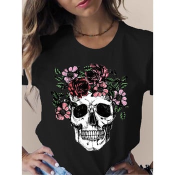 Skull Head Butterfly Flower Print Γυναικείο μπλουζάκι Κοντό μανίκι O λαιμό Φαρδύ γυναικείο μπλουζάκι Γυναικείο μπλουζάκι μπλουζάκι Camisetas Muje