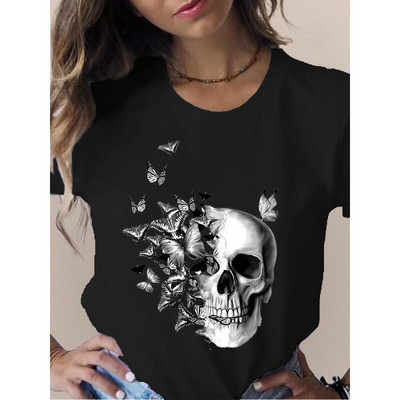 Ženska majica kratkih rukava s otisnutim cvjetovima u obliku glave lubanje i o izrezu Široka ženska majica kratkih rukava Ženska majica kratkih rukava Camisetas Muje