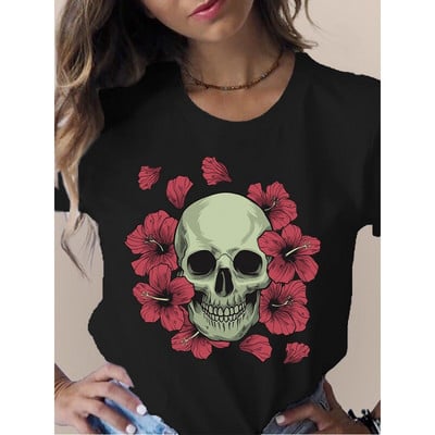 Cap de craniu, fluture, flori, tricou pentru femei, cu mânecă scurtă, cu gâtul O, tricou largi pentru femei, tricou pentru femei