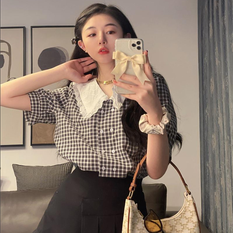 Karirane košulje Ženske Peter Pan kragne Slatka labava čipkana dugmad Retro puf bluze kratkih rukava Dizajn francuskog stila Ljeto Mujer Top
