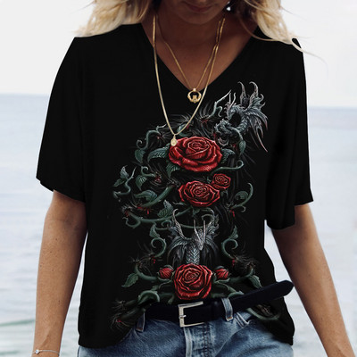 Ženske majice s V-izrezom, modne majice s cvjetnim motivima, ljetne kratke majice s printom, velike veličine 202 Ležerna Harajuku majica 5XL