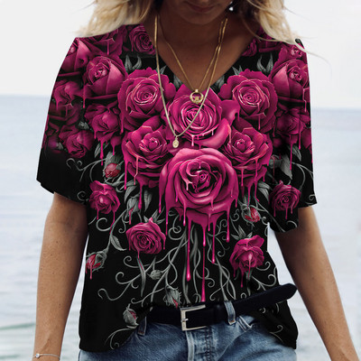 Ženske majice s V-izrezom, modne majice s cvjetnim motivima, ljetne kratke majice s printom, velike veličine 202 Ležerna Harajuku majica 5XL