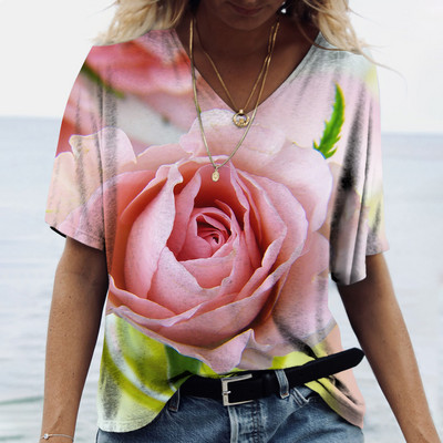 Ženske majice s V-izrezom, modne majice s cvjetnim motivima, ljetne kratke majice s printom, velike veličine 202 Ležerna Harajuku majica 5XL