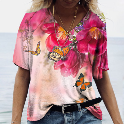 Ženske majice s V-izrezom, modne majice s cvjetnim motivima, ljetne kratke majice s printom, velike veličine 202 Ležerna Harajuku majica 5XL