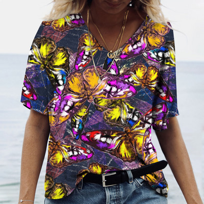 Ženske majice s V-izrezom, modne majice s cvjetnim motivima, ljetne kratke majice s printom, velike veličine 202 Ležerna Harajuku majica 5XL