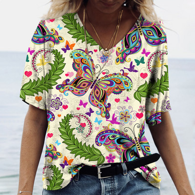 Ženske majice s V-izrezom, modne majice s cvjetnim motivima, ljetne kratke majice s printom, velike veličine 202 Ležerna Harajuku majica 5XL