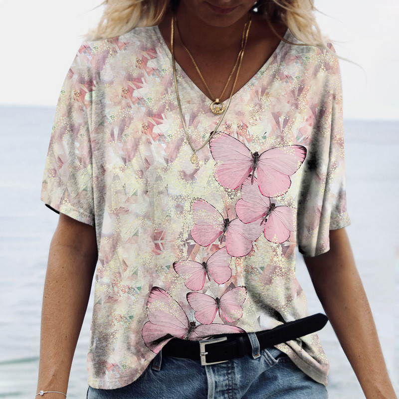 Ženske majice s V-izrezom, modne majice s cvjetnim motivima, ljetne kratke majice s printom, velike veličine 202 Ležerna Harajuku majica 5XL