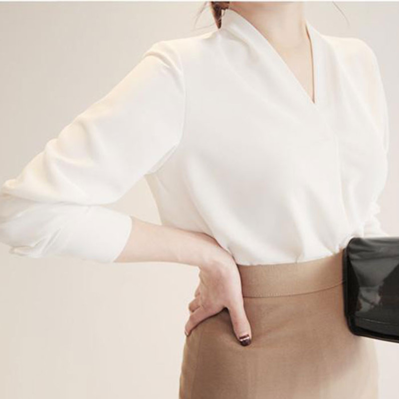 2023 Korejski stil dubokog V-izreza OL Opuštene ženske majice Ljetna bijela košulja dugih rukava Uredska dama Jednobojna bluza od šifona Ženska 9382 50