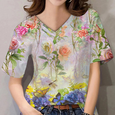 Marškinėliai su V kakleliu Moteriški vasaros laisvalaikio didelio dydžio marškinėliai, palaidi, vintažiniai moteriški marškinėliai Streetwear Y2K trumpomis rankovėmis drabužiai 5XL