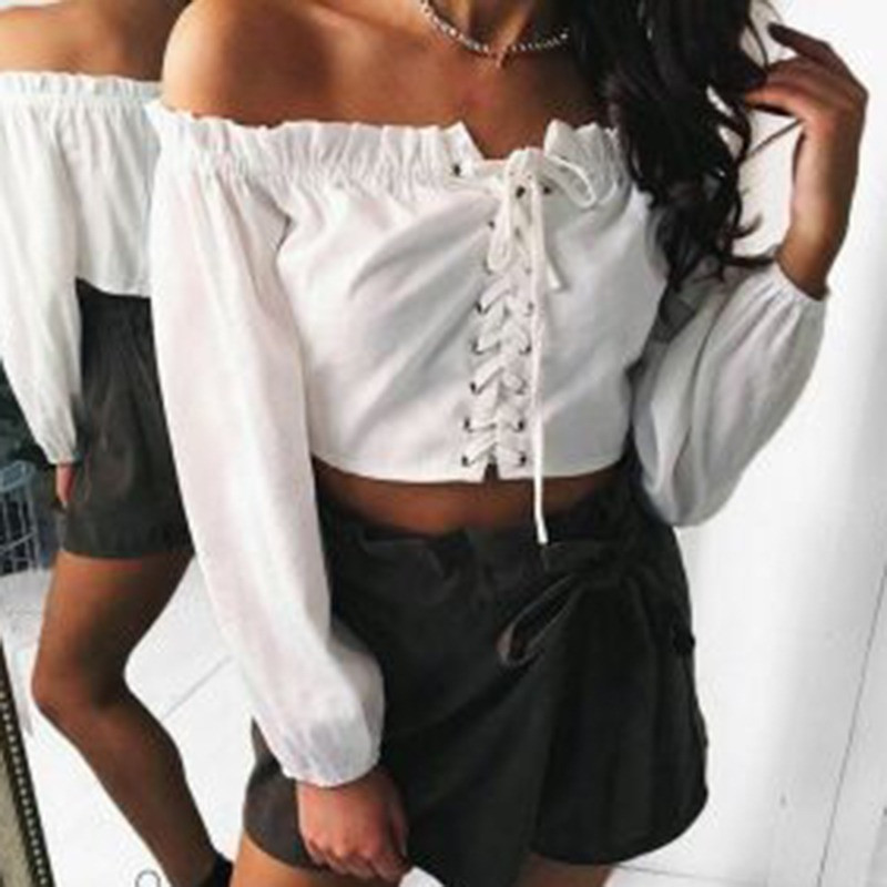 Letné sexy odhalené ramená Slash Neck dámska blúzka Sexy volánikový šnurovací dlhý rukáv biely crop top dámske obväzové krátke bluzy