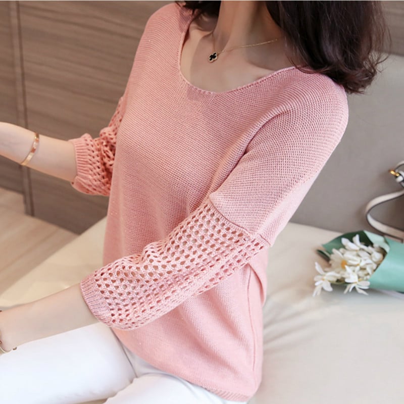 Madingos moteriškos palaidinės 2022 m. Žibintų rankovių palaidinė Moteriška tuščiavidurė megzta palaidinė su iškirpte Moteriški marškiniai, moteriški viršutiniai ir palaidinės C845